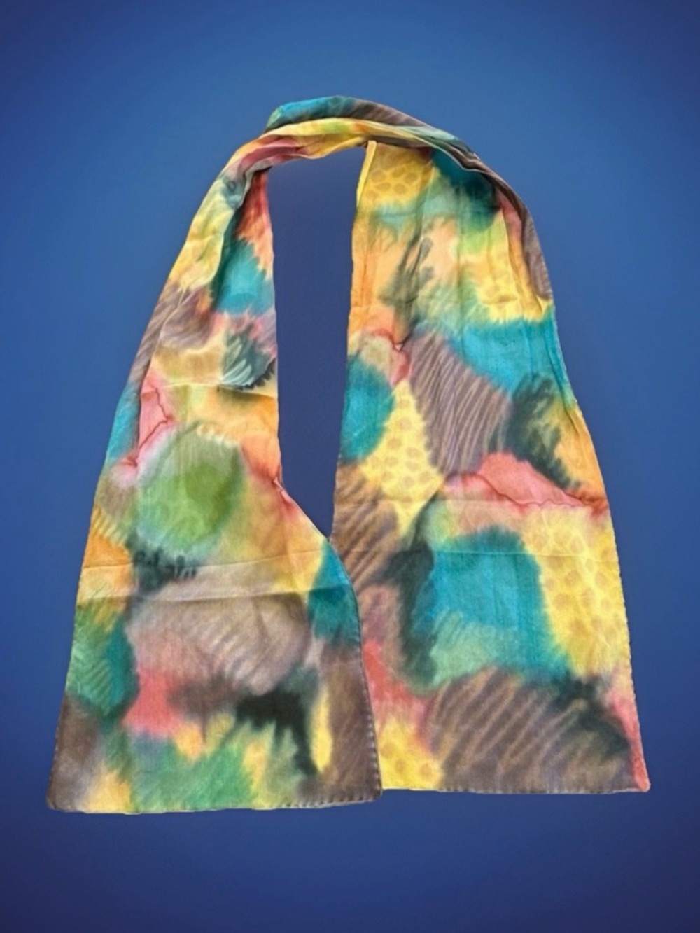 100% Silk Artisan Multicolored Scarf Oblong 52”x 8” Teal Aqua Gold Green